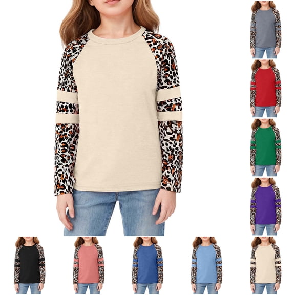 idosla Girl's Athletic Leopard Print Sweatshirt Crew Neck Long Sleeve Tops Fall Clothes (Beige, 6-7 Years)