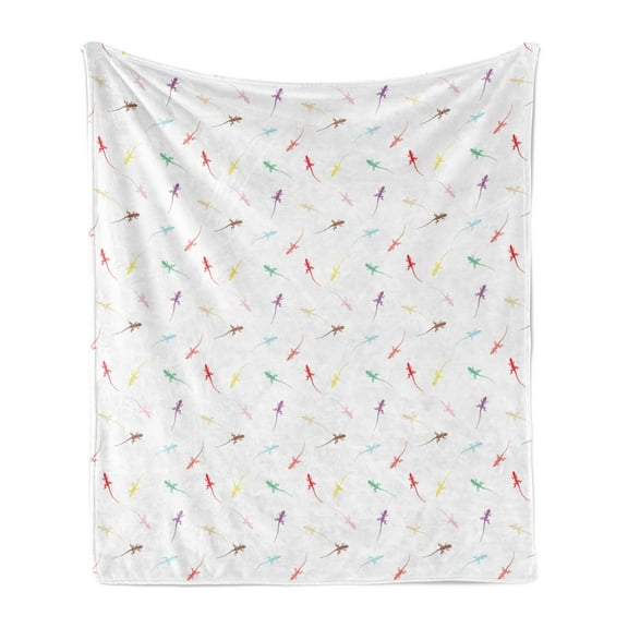 Salamander Soft Flannel Fleece Blanket, Minimal Pattern of Crawling Wildlife Creature Silhouettes on a Plain Background, Cozy Plush for Indoor and Outdoor Use, 70" x 90", Multicolor, by Ambesonne