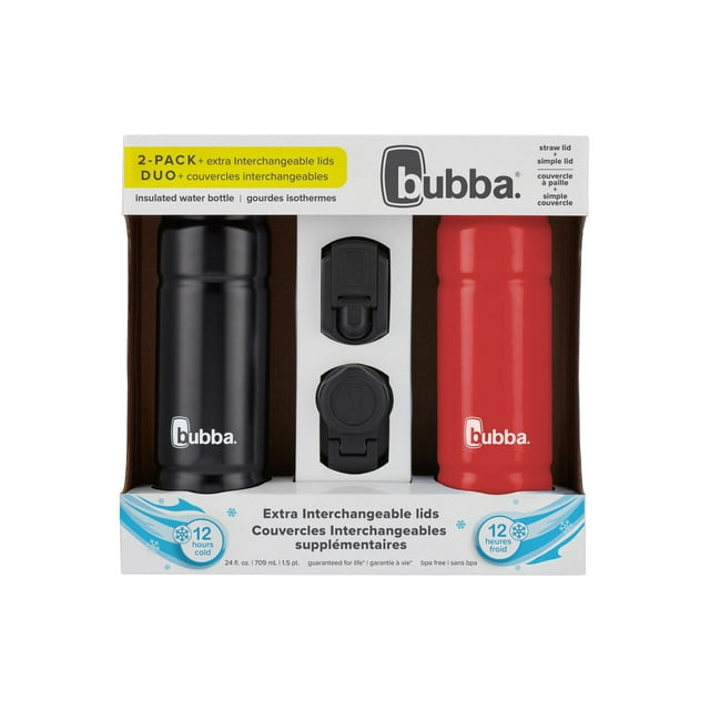 bubba Trailblazer Stainless Steel Water Bottles with Two Extra Interchangeable Lids, 24 oz (709 ml), Licorice & Watermelon