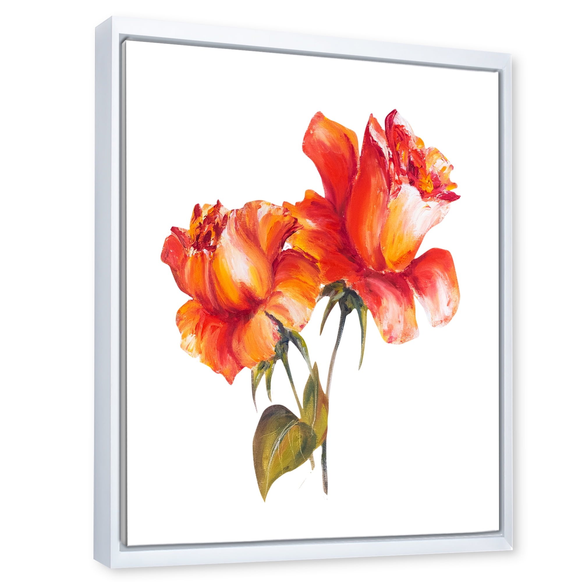 Designart 'Two Blossoming Red Roses On White' Traditional Framed Canvas Wall Art Print