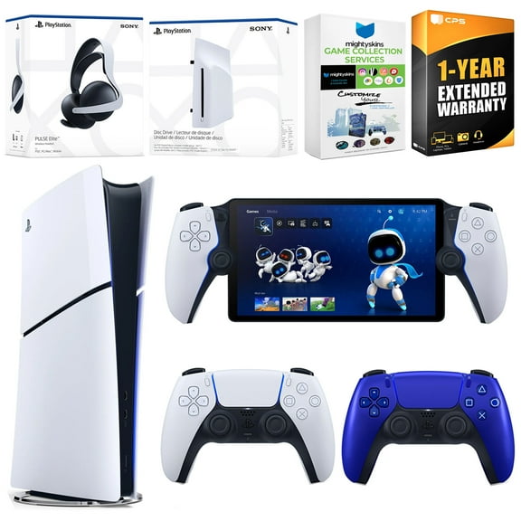 Sony PlayStation 5 Slim Digital Bundle with Disc Drive, Extra Controller, Pulse Elite Headset, PlayStation Portal, MightySkins Game Collection Services and 1 Year Extended Warranty - Cobalt Blue