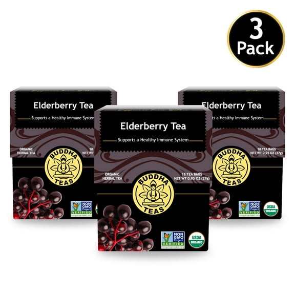 Buddha Teas Organic Elderberry Tea - Herbal Tea - For Health & Wellbeing - With Antioxidants & Minerals - Clean Ingredients - Caffeine Free - OU Kosher & Non-GMO - 18 Tea Bags (Pack of 3)