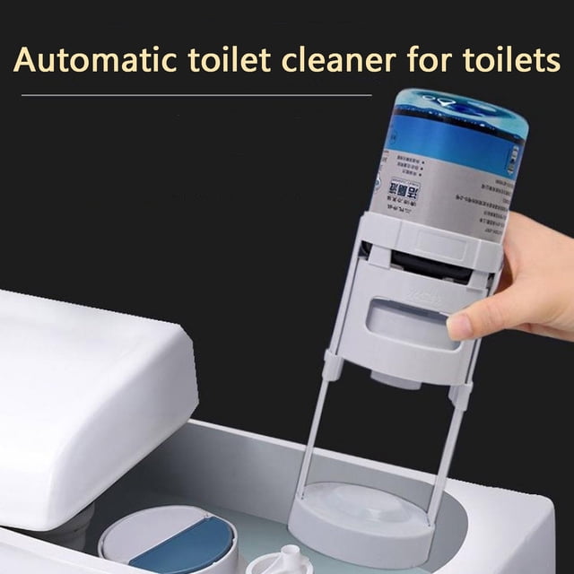 WKSCLPAI Automatic Toilet Cleaner with a 350ml cleaning solution, shown being installed in a toilet tank. The cleaner features a mounted design for effortless scrubbing-free cleaning, effectively removing bacteria, dirt, and stains while deodorizing and maintaining freshness. The image highlights the compact and easy-to-use setup.