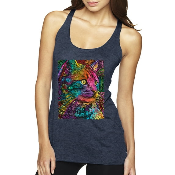 Colorful Cat Portrait | Cat Lover Owner | Dean Russo Art Animal Lover Tri-Blend Racerback Sleeveless Top, Vintage Navy, M