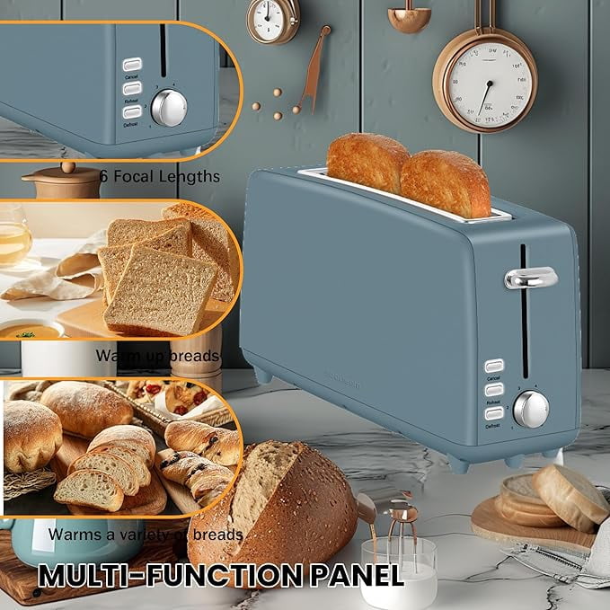2 Toasters, Stainless Steel Slim Toasters, with Defrosting And Reheating Functions, 5 Bread Types And 6 Tone Settings, 2 Wide Slots Of 1.5-inch Toasters