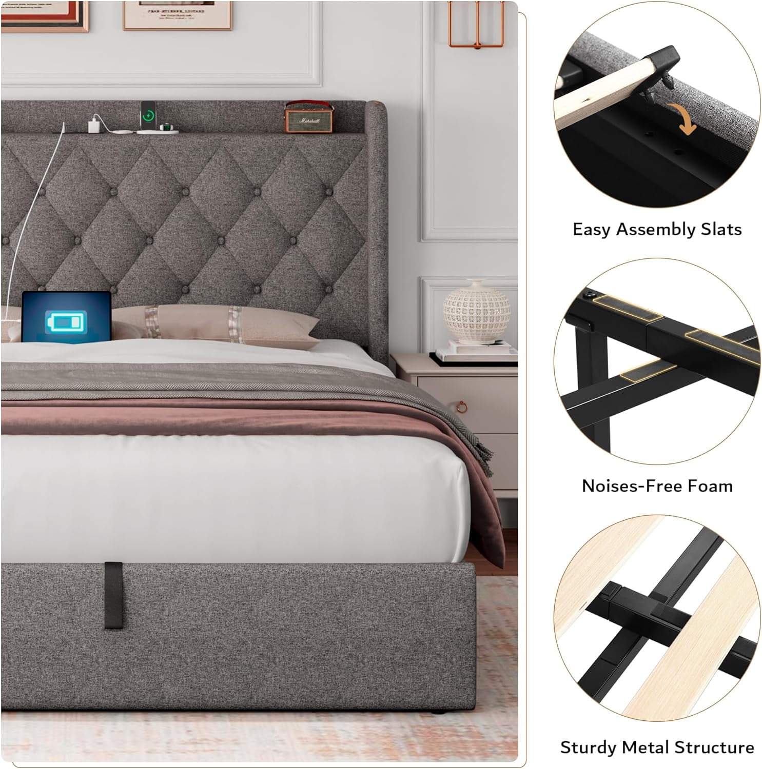 iPormis Full Size Bed Frame with Lift Up Storage & Charging Station, Button Tufted Wingback Upholstered Headboard, Wooden Slats Support, Light Gray