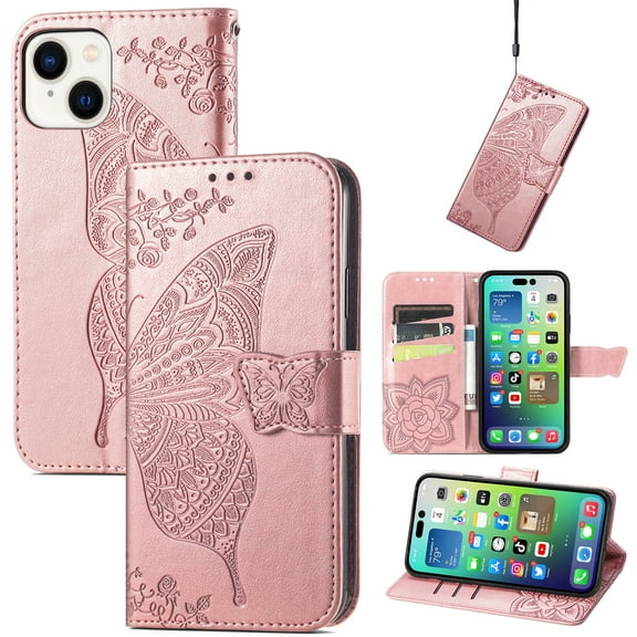 Feishell Wallet Case for Apple iPhone 15,Butterfly & Flower Embossed PU Leather TPU Inner Shell Magnetic Flip Stand Card Slots Shockproof Protective Phone Cover,Rosegold
