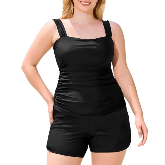 RELLECIGA Plus Size Womens Tankini Swimsuit Bandeau Ruched 2 Piece Bathing Suit Modest Swimwear