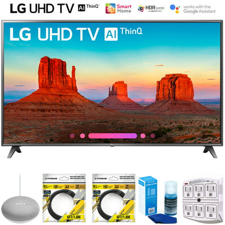 LG 75UK6570PUB 75" Class 4K HDR Smart LED AI UHD TV w/ThinQ 2018 Model (75UK6570PUB) with Google Home Mini, 2x 6ft HDMI Cable, Screen Cleaner for LED TVs & 6-Outlet Surge Adapter