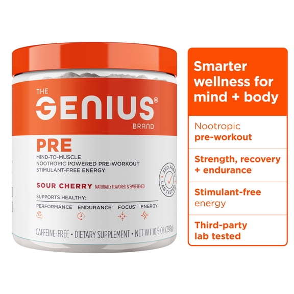 The Genius Brand Genius Pre - Clean Pre-Workout Powder for Energy, Focus & Fitness Support - No Artificial Flavors, Preservatives, or Proprietary Blends - Non-GMO - 20 Servings - Sour Cherry