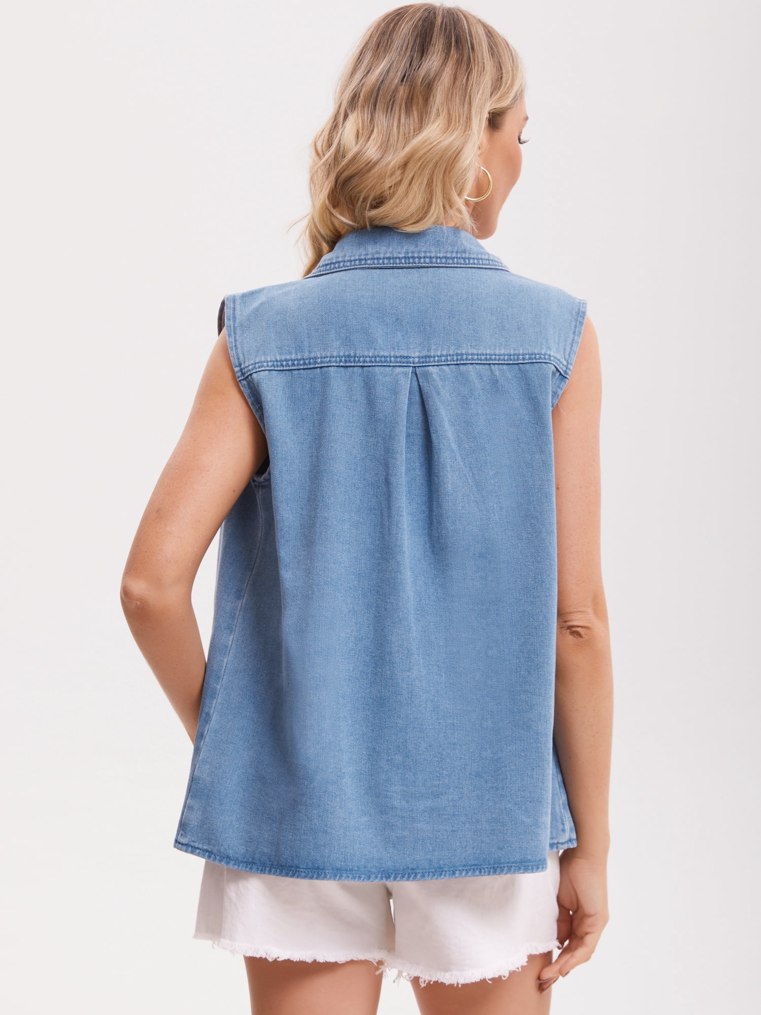 DARING DIVA Women's Denim Tank Sleeveless Button Down Collared Jean Shirt 2XL Sky Blue