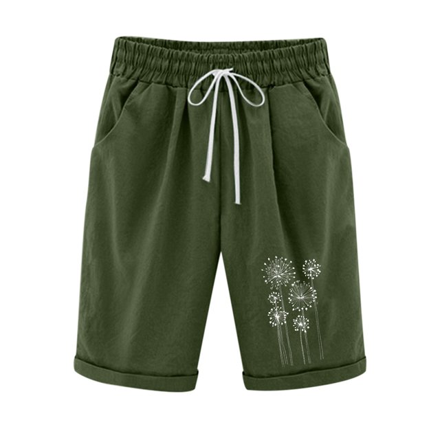 FAIWAD Womens Summer Shorts Elastic High Waist Drawstring Pants Knee Length Floral Print Breathable Shorts