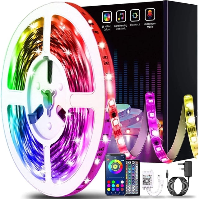 Tiras de luces LED de 15 m con control por aplicación inteligente Bluetooth, sincronización de música, tiras de luces LED RGB que cambian de color con control remoto