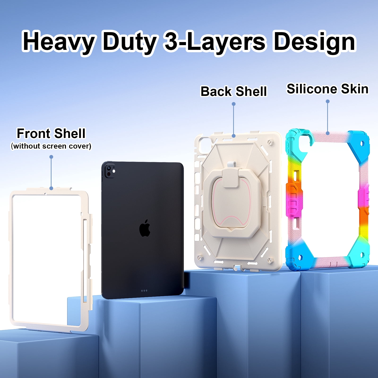 Decase Kids Case for Apple iPad Pro 13 13-inch (M5)(M4) 2025/2024,Shockproof Rotatable Stand Cover,Detachable Shoulder Strap,Rugged 3-Layer Tablet Shell with Pen Holder,Rainbow Blue