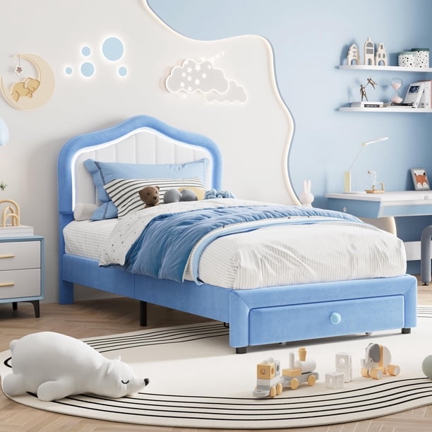 Yeshouse Base de cama tapizada con luces LED y cajón de almacenamiento. Cabecera suave, listones de madera. No necesita caja, silenciosa y fácil de montar