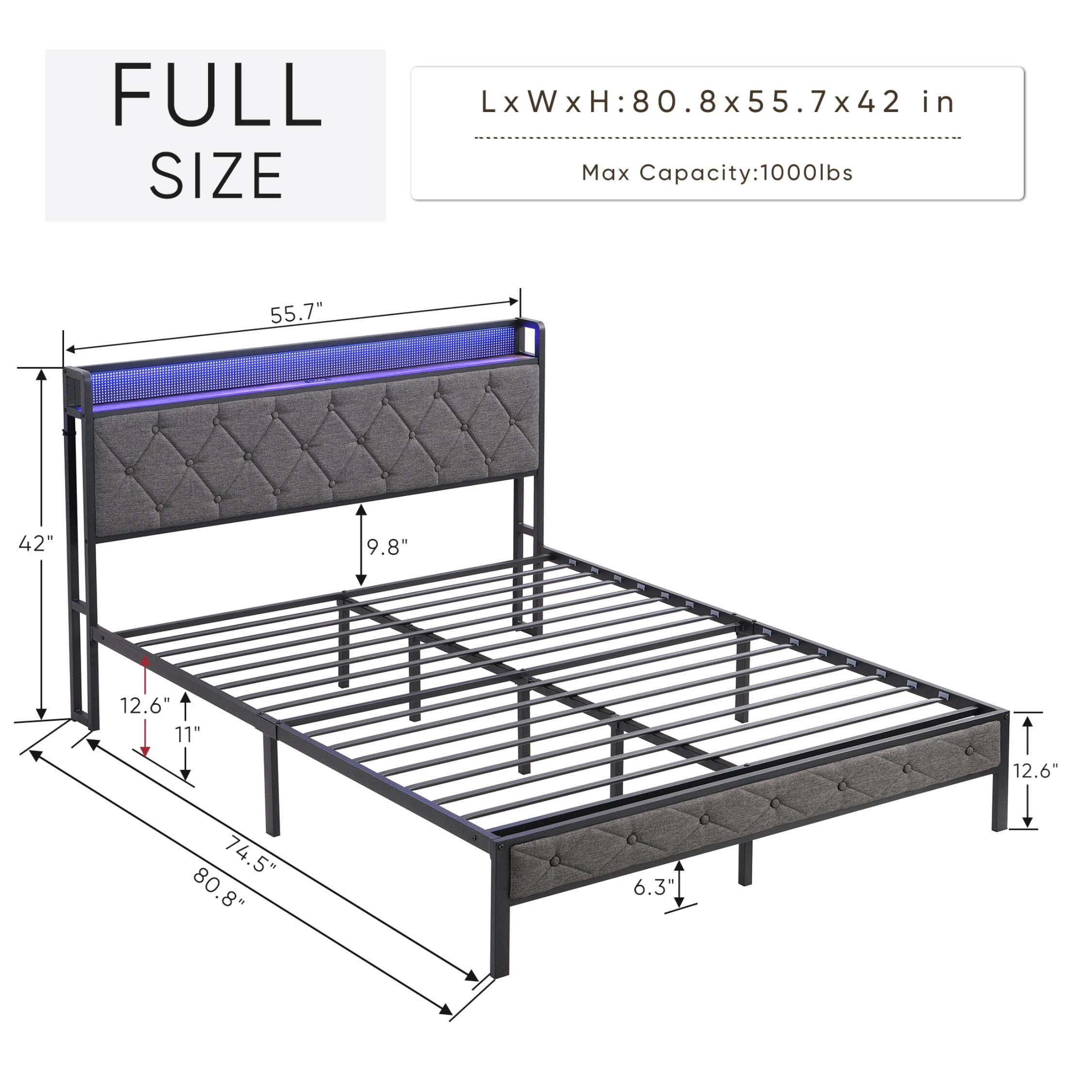 AENKYO Full Size Bed Frame Upholstered Backrest Bed with LED Lights, Platform Bed Frame with Charging Station, Dark Gray