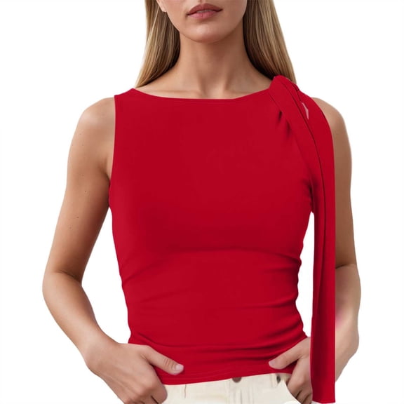 Gpoecd Womens Tank Tops Ruched Off One Shoulder Top Asymmetrical Tie Shoulder Casual Plus Size Camisole Tops for Women Red,M