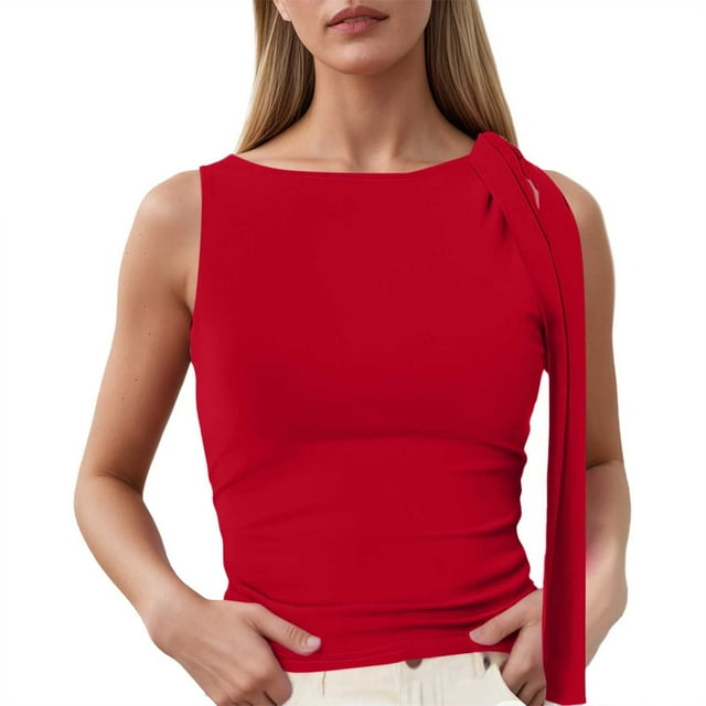 Hiiyo Women's Ruched Tie Shoulder Tank Top Summer Irregular Sleeveless Shirt, Sizes L