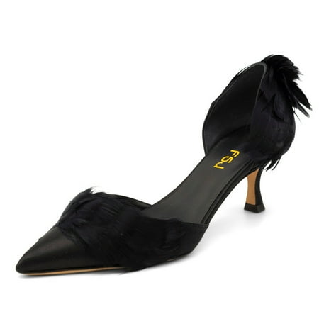 

FSJ Women Graceful Faux Feather Pointy Closed Toe Slip-on D Orsay Kitten Low Heels Satin Pumps Ladies Party Dress Slide Shoes Size 4 Black