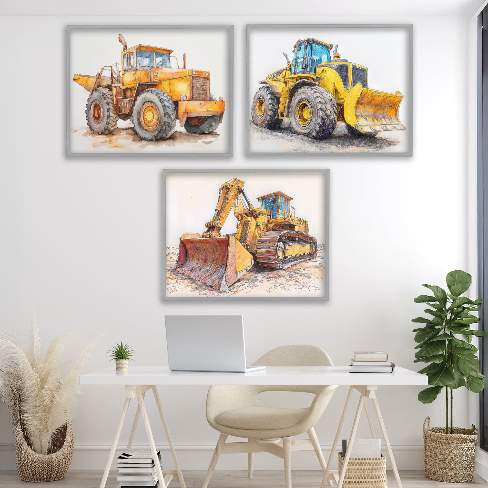 Stupell Industries Various Construction Trio 3 Piece Gray Framed Giclee Art Set, design by Steve Hunziker