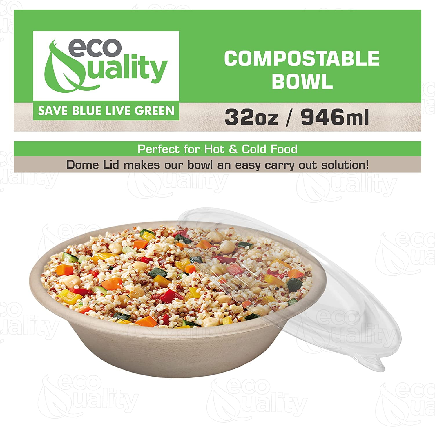[25 Pack] 32 oz Round Disposable Compostable Paper Bowls with Dome Lids Heavy-Duty, Eco-Friendly Natural Bagasse Unbleached, Heat Resistant, 100% Salad Bowls Alternative to Plastic