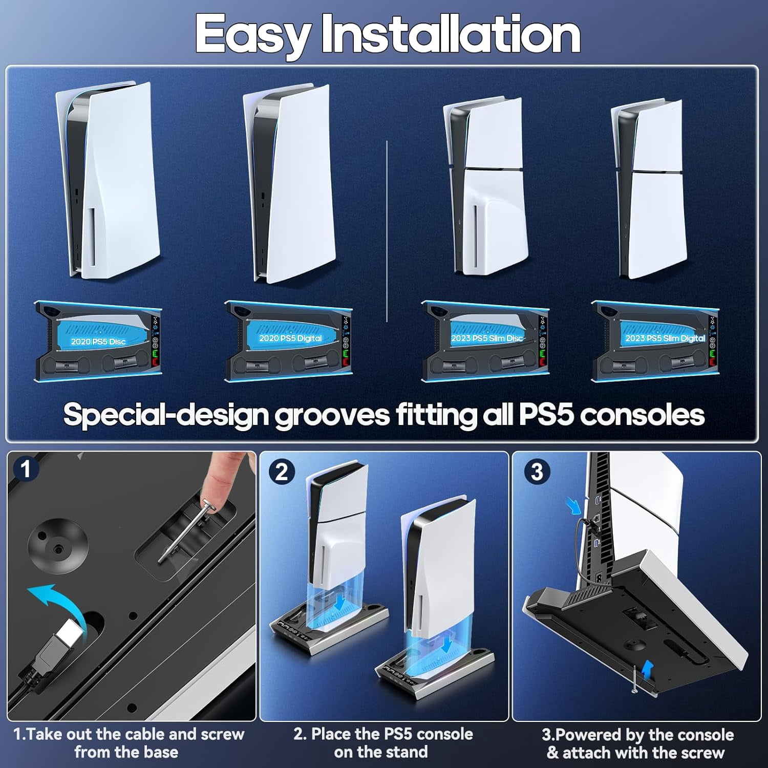 Tokluck PS5 Stand Vertical for PS5 Slim/PlayStation 5, Automatic 3-Level Adjustable Cooling Fans, Dual Controller Charger for Dualsense & Edge Controller, PlayStation 5 Accessories