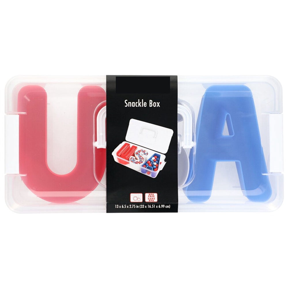 USA Snackle Box Red White Blue Plastic With Handle 3 Compartments BPA-Free Snacks Food Storage Container