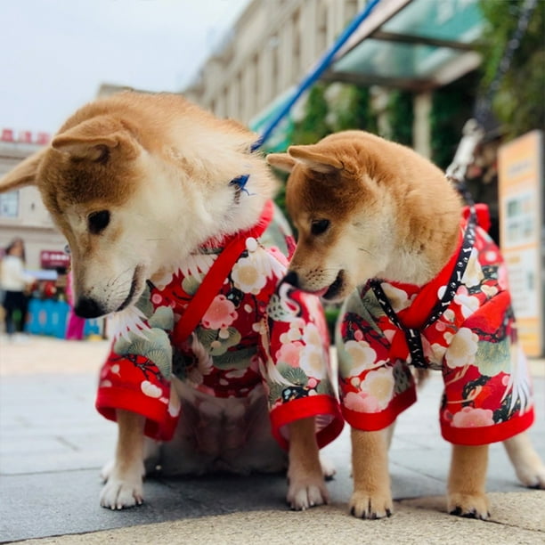 Tongliya 1pcs cloth cat pet dog Japanese style clothes crane print dress red kimono 4
