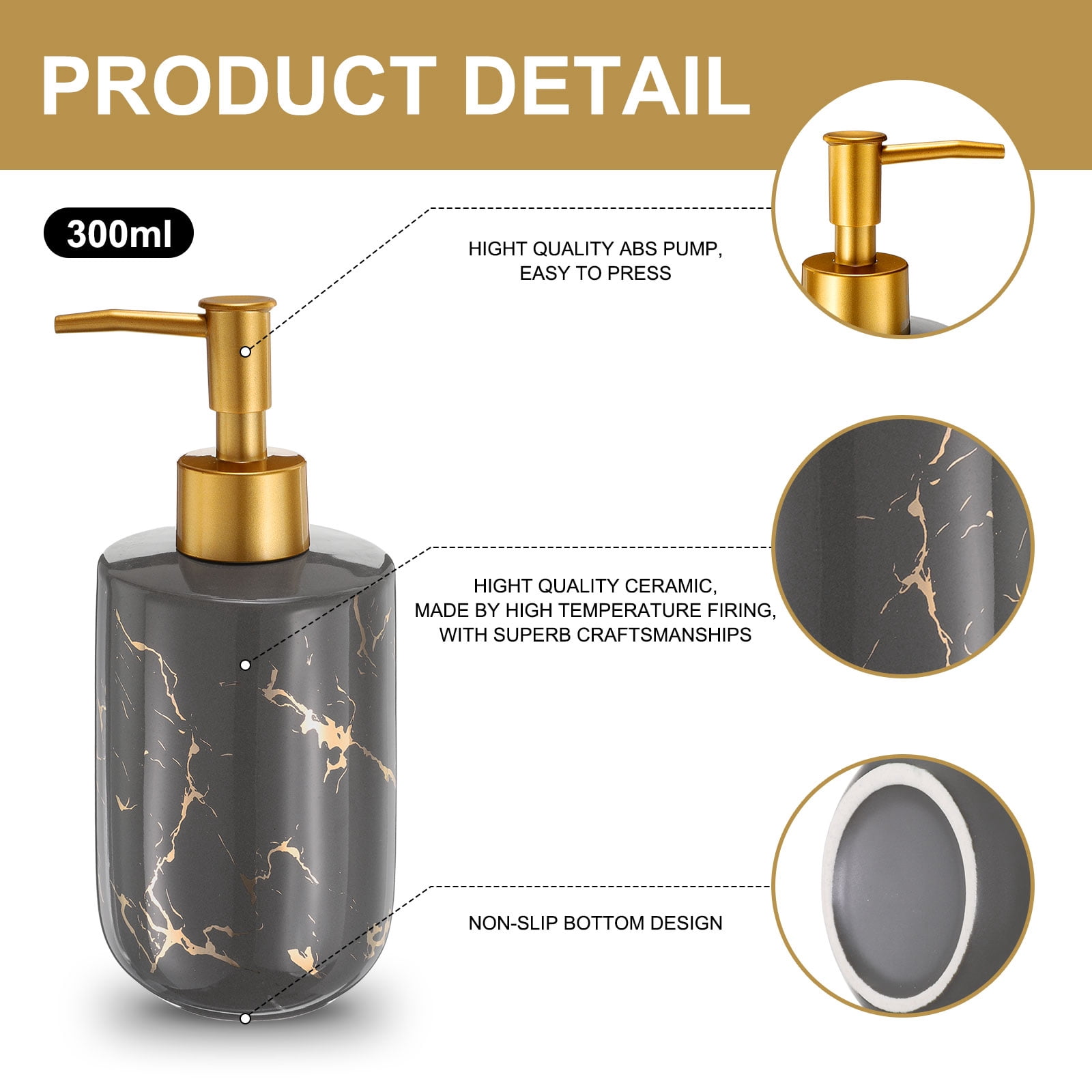 Unique Bargains Soap Dispenser for Kitchen Bathroom with Pump Marble Pattern 10 Oz Grey