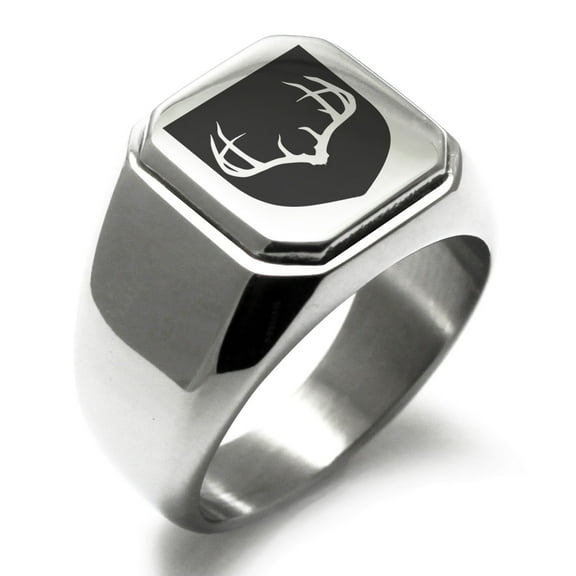 Tioneer Stainless Steel Antlers Fortitude Coat of Arms Shield Engraved Square Flat Top Biker Style Polished Signet Ring