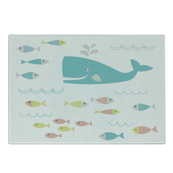 Whale Cutting Board, Funny Smiling Whale Cartoon with Schoal of Tiny Fish Work of Art, Decorative Tempered Glass Cutting and Serving Board, Small Size, Yellow White, by Ambesonne