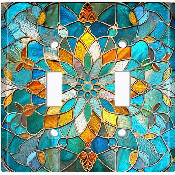 Metal Light Switch Wall Plate Outlet Cover (Printed Image of Stained Glass Flower - Double Toggle)