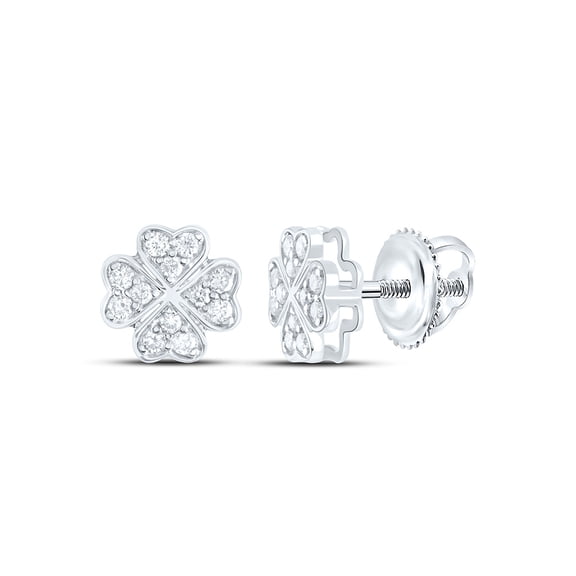 10K White Gold Real Diamond Women's 7mm Luck 4 Leaf Clover Stud Earrings 1/6 CT