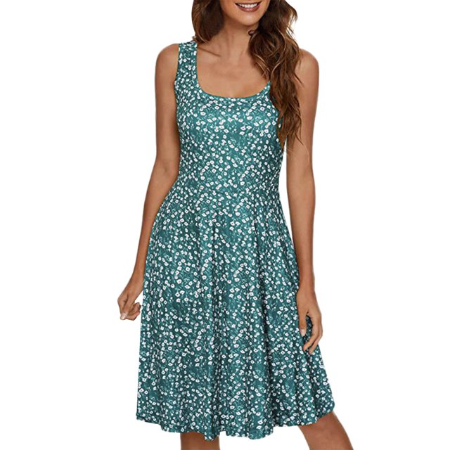 Gibobby Vestidos para Mujer Vestido de playa estampado con cuello cuadrado sin mangas para mujer de verano en estilo largo Swing(Verde,XL)