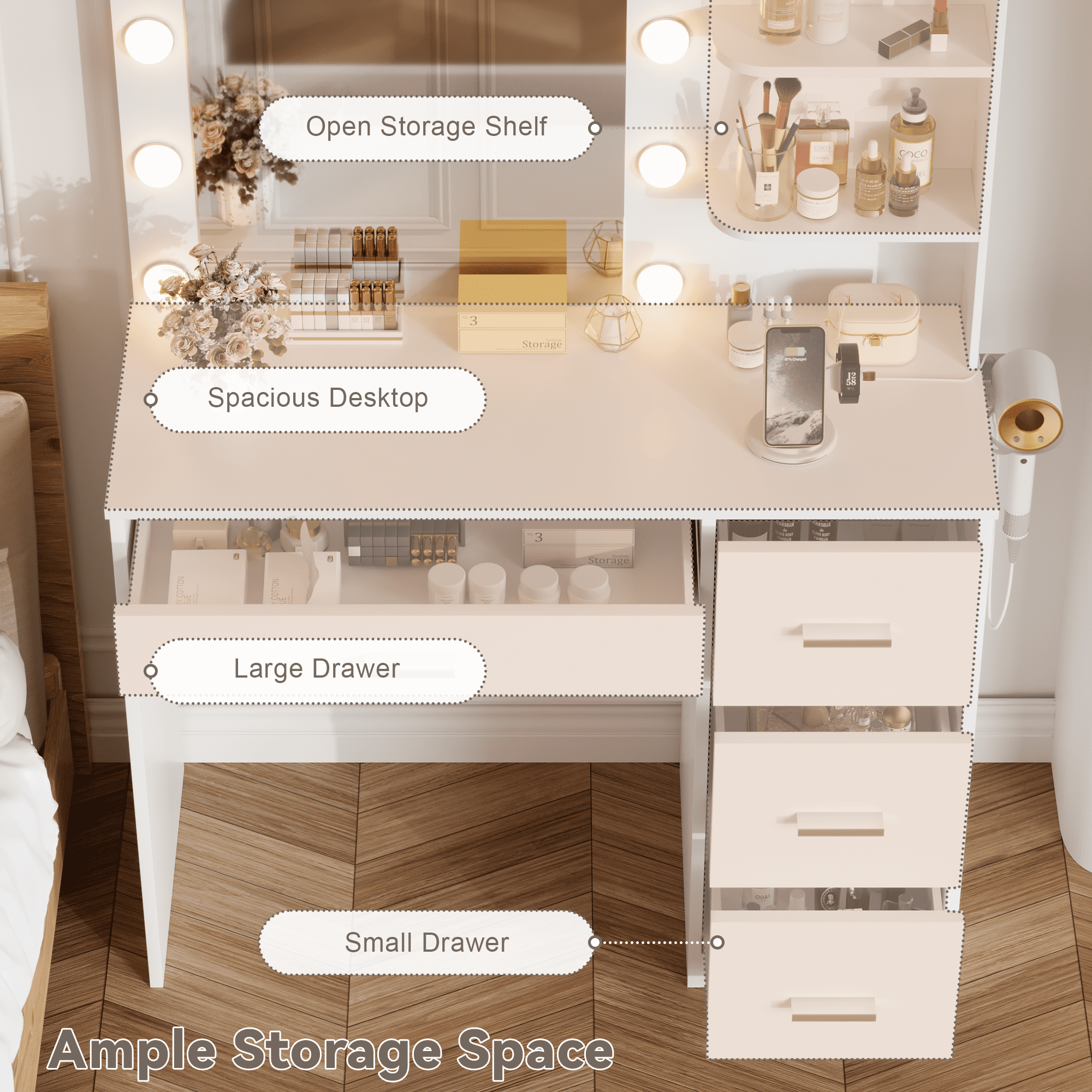 Homall Makeup Vanity Desk with LED Lighted Mirror and Power Outlet, Stylish Functional Vanity Table for with 4 Drawers and 3 Shelves for Bedroom, White