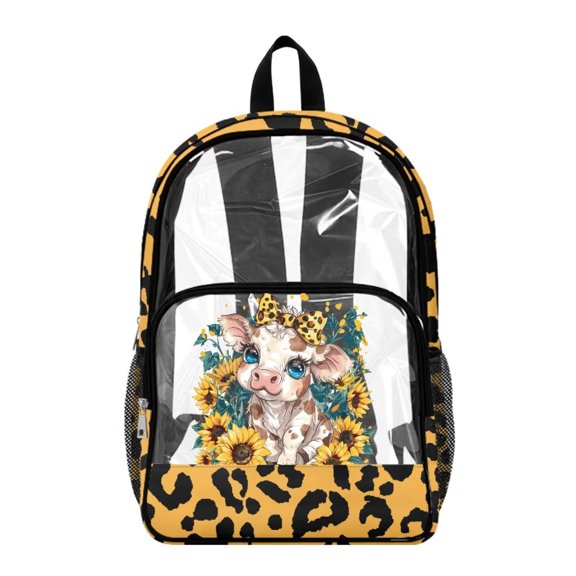 ZIATUBLES Clear Backpack, Heavy Duty Fabric & PVC Transparent Bookbag with Cow Sunflower Leopard Bow Print, Large Capacity See Through Backpack for School College Work Travel Security