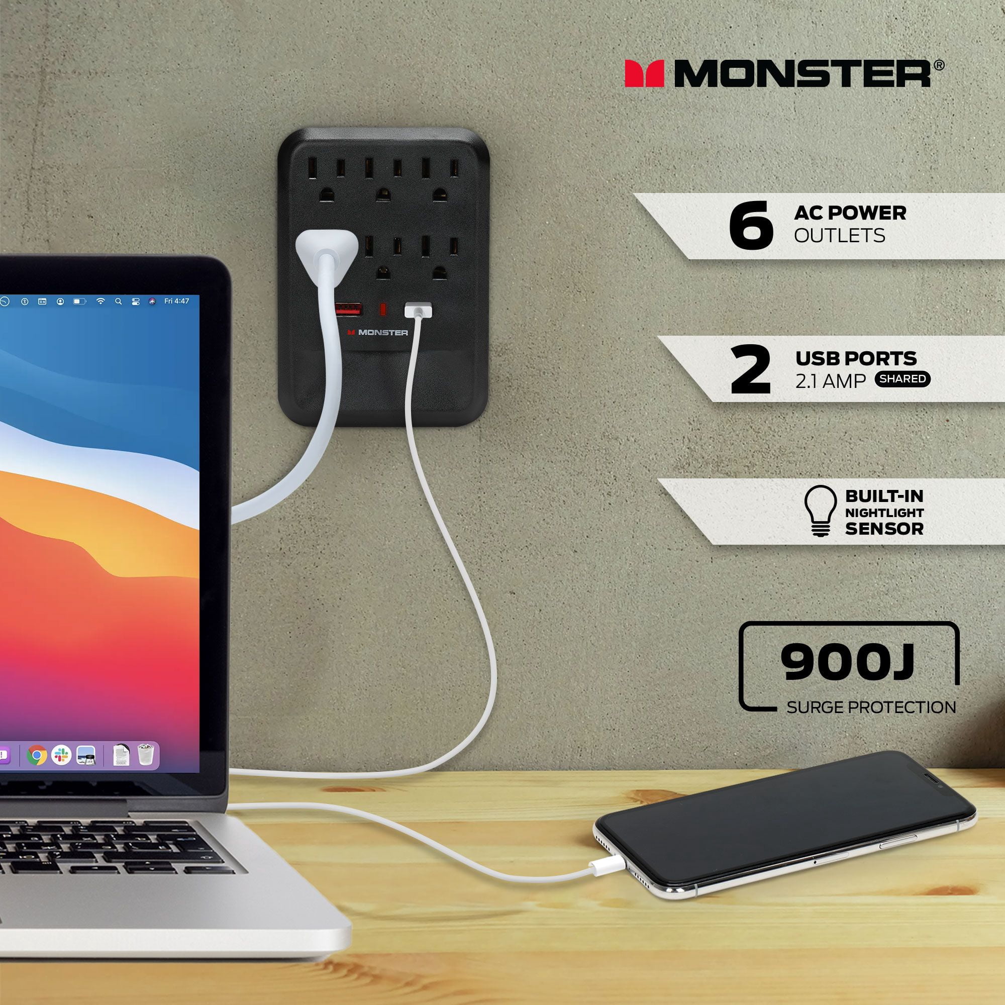 Monster Wall Tap Surge Protector, 6 Grounded Outlets & 2 USB Ports