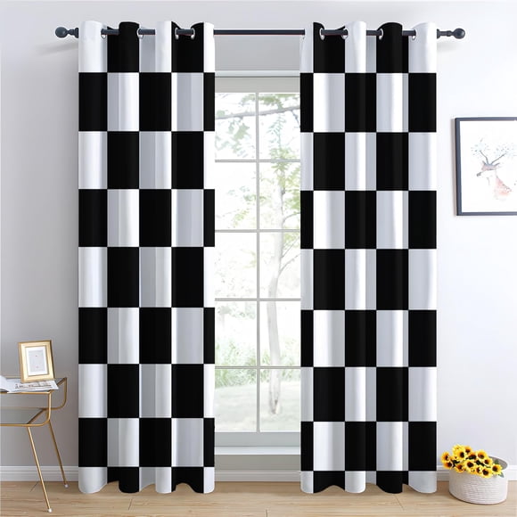 Black White Checkered Plaid Blackout Curtains for Bedroom Living Room, Thermal Insulated Room Darkening Drapes, Grommet Top 26"W x 45"L (Pack of 2)