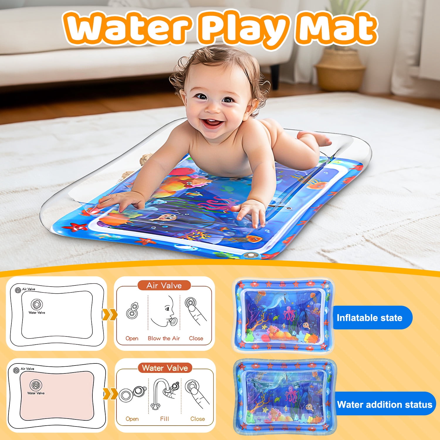 WonderStone Baby Gym Playmat for Infant,Tummy Time Water Mat with 5 Infant Sensory Baby Toys & Musical Piano Activity for 0-36 Months Boys Girls，Yellow