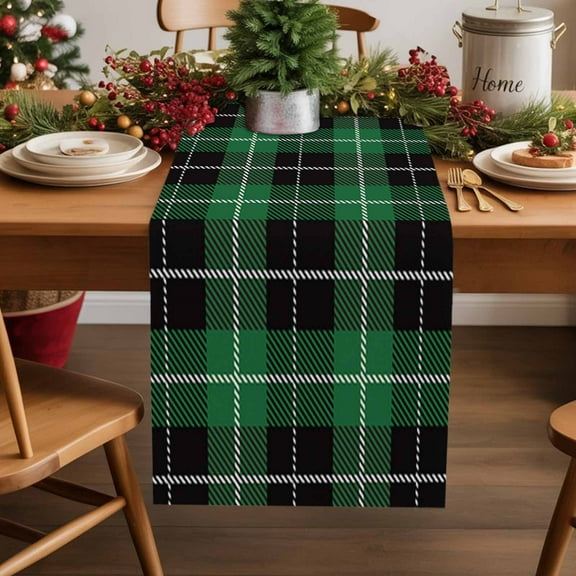 St Patrick Cotton Linen Table Runner Christmas Green Black Plaid Dining Table Runners for Home Decor Party Dining Room Restaurant Kitchen Party 13" x 90"