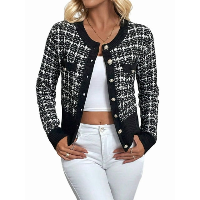 Womens - Blazer à Carreaux Habillé Décontracté Bouton devant Cardigan Col Rond Manches Longues Texture Tricot Vestes Noir P