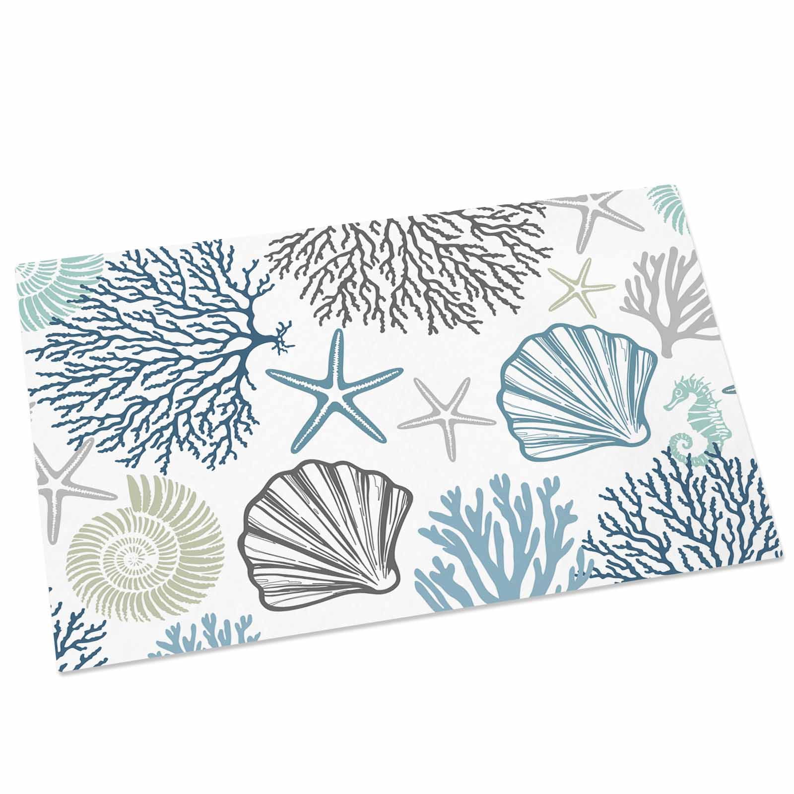 Navy Blue Teal Coastal Indoor Door Mat - 18"x30", Non-Slip Welcome Mat for Outdoor, Summer Beach Coral Shell Ocean Front Doormat for Entry, Low-Profile Doormat Entrance Rug for Kitchen/Bathroom