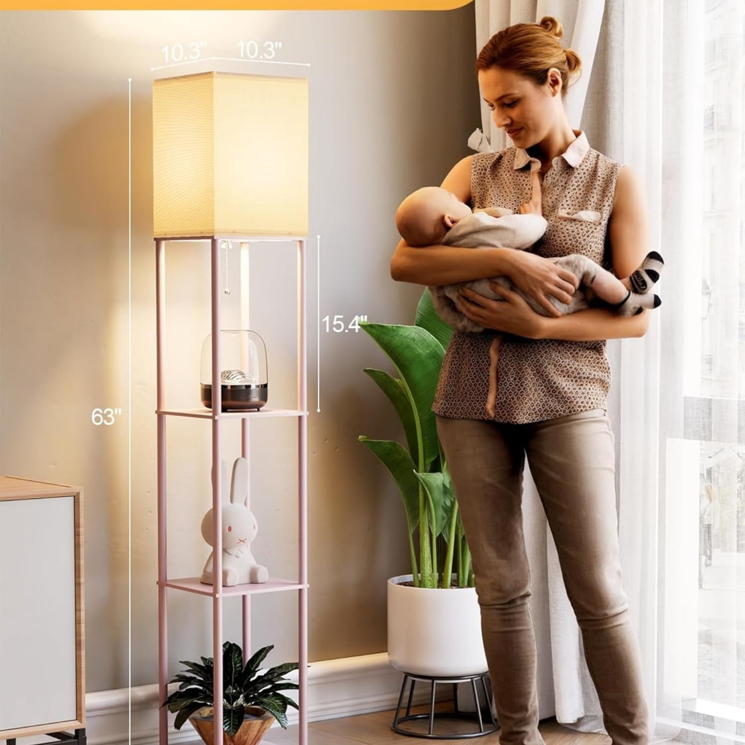 Pink Floor Lamp with Shelves for Living Room, Shelf Floor Lamp with 3 CCT LED Bulb, Corner Display Standing Column Lamp Etagere Organizer Tower Nightstand with White Linen Shade for Bedroom, Office