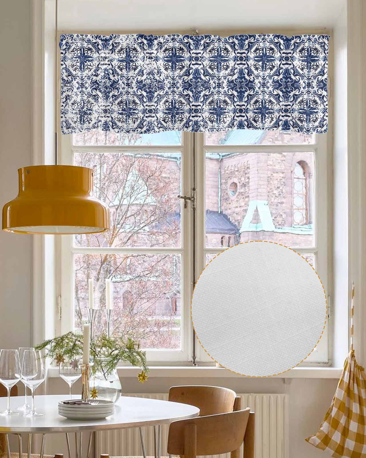 Navy Blue Boho Linen Curtain Valance for Bedroom/Bathroom/Kitchen/Office/Living/Dining Room Window,Ehtnic Abstract Art Modern Geometric Rod Pocket Topper Decorative Cafe Drapes Panel 42"x18"