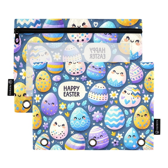 Easter Cute Egg 2 Pack Pencil Pouch for 3 Ring Binder Smooth Zipper Folders with Pockets Clear Window Pencil Case
