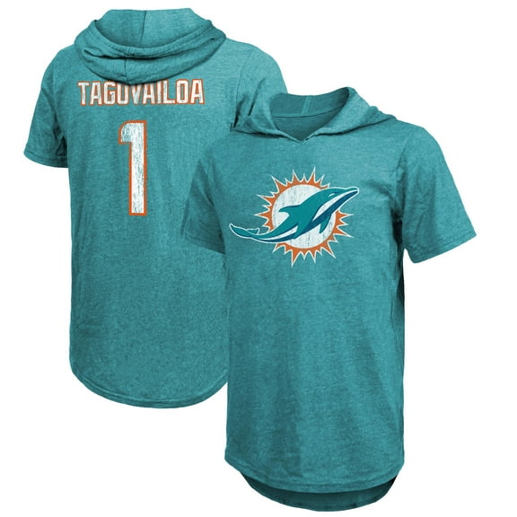 Men's Majestic Threads Tua Tagovailoa Aqua Miami Dolphins Player Name & Number Tri-Blend Slim Fit Hoodie T-Shirt