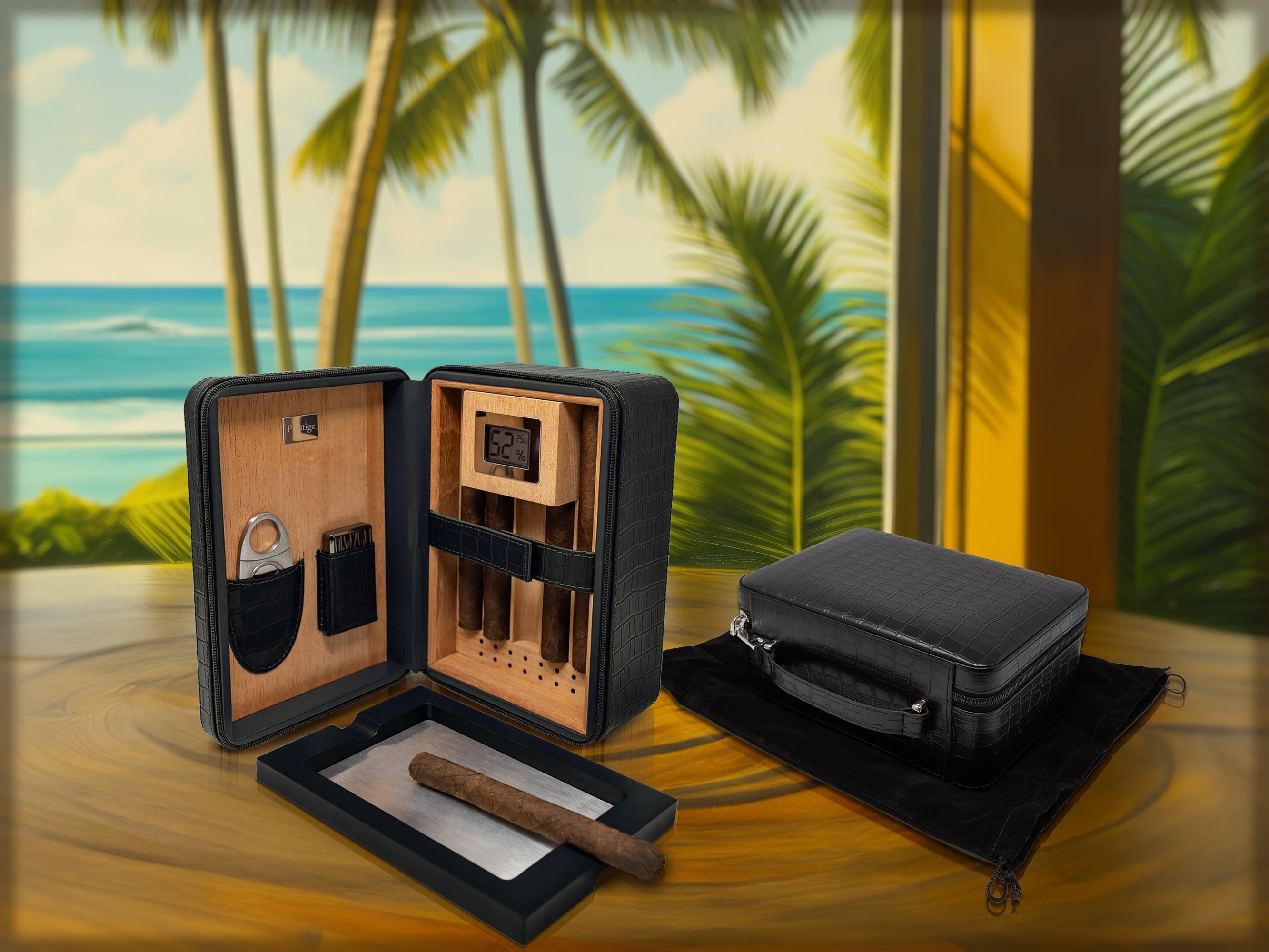 Prestige Import Group Manhattan XL Travel Cigar Humidor Case Set (Hygrometer, Ashtry, Cutter, Lighter, Humidifier) - Black