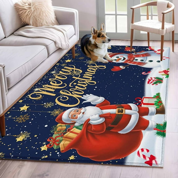 Navy Blue Christmas Area Rug 3x5 Washable Rug Non Slip Santa Snowman Xmas Gifts Snowflake Winter Large Area Rug Indoor Floor Carpet for Entryway Bedroom Kitchen Living Room Office Dining Room Nursery