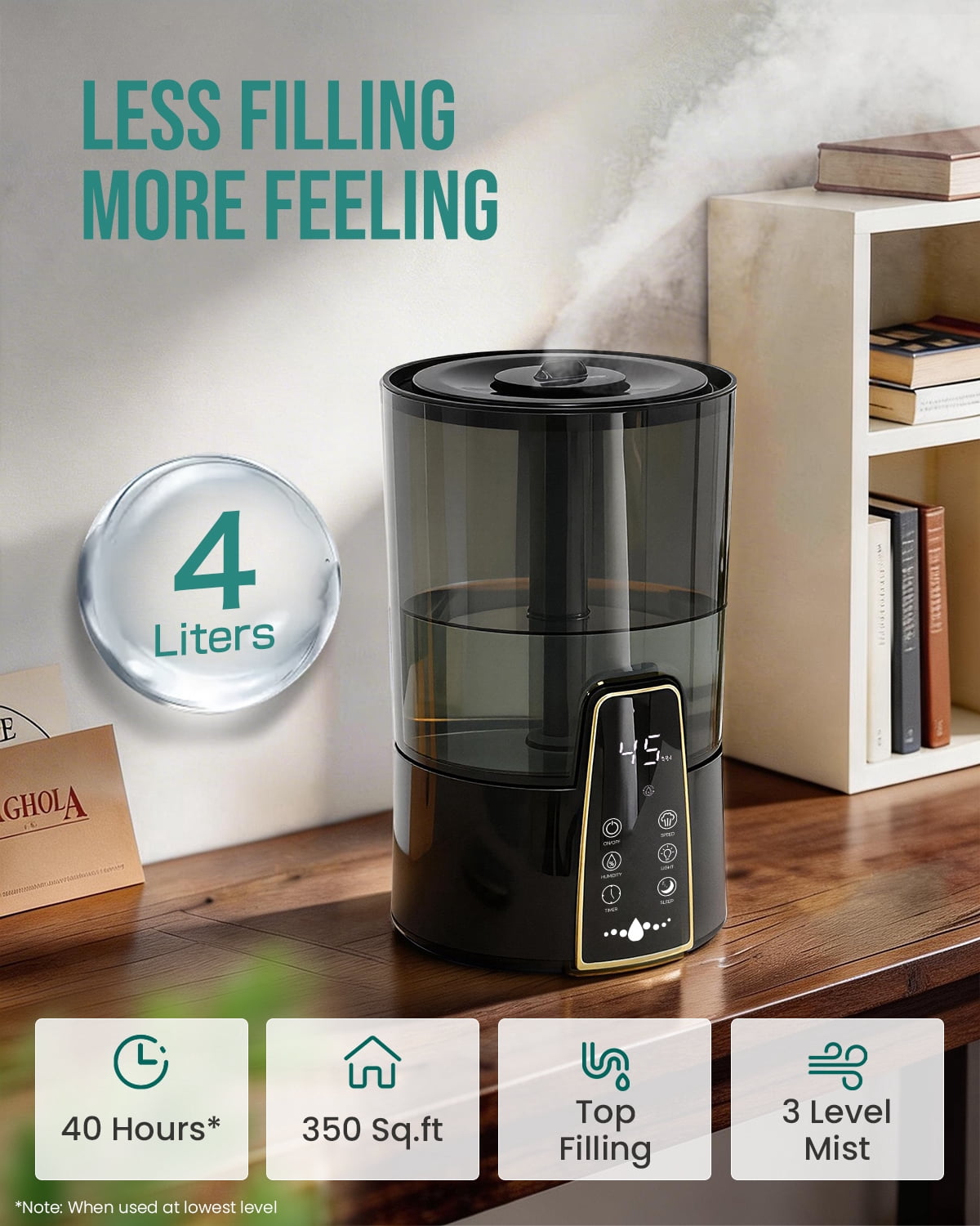Humidifiers for Room Bedroom, 1.06Gal(4L) Dishwasher-Safe Tank, Top Fill & Easy to Clean, Night Light, Aroma Diffuser, Humidity Control, 12H Timer, Sleep Mode, 3 Level Mist, Home, Nursery, Black