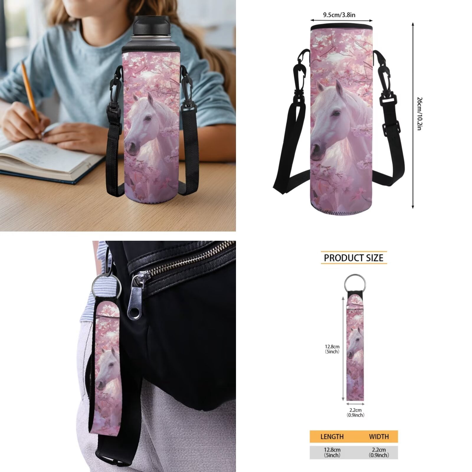 Pzuqiu Cherry Blossom Horse Backpack for Girls 8-10 Kids School Bag with Lunch Box Lightweight School Bookbag for Elementary School 5pcs Kids Backpack Travel Bag